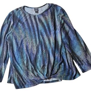 CLARA SUN WOO | Plus Peacock Pinstripe Patterned Top Knotted Front Sweater | 2X